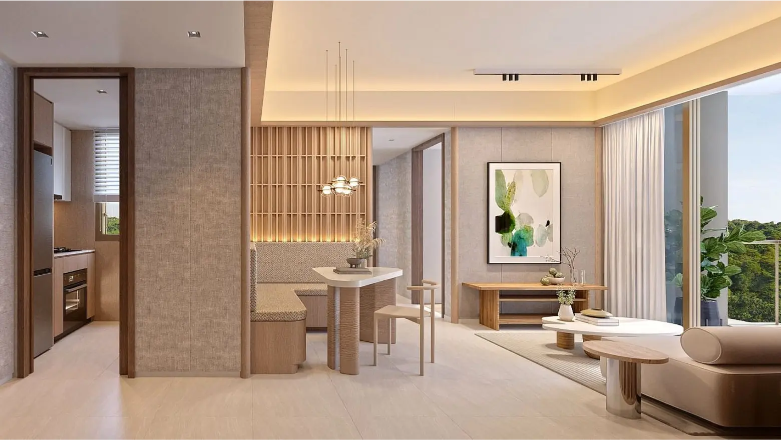 2 Bedroom Unit Interior: A cozy dining and living area with warm wooden accents, featuring a dining table, built-in seating, and soft lighting.