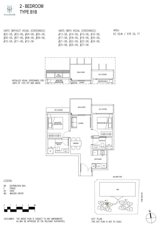 Floor plan layout of Hillhaven condo's 2-bedroom Type B1B unit, showing the spatial arrangement of bedrooms, living room, dining area, kitchen, and balcony.
