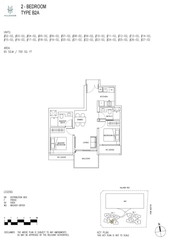 Detailed floor plan of Hillhaven condo's 2-bedroom Type B2A unit, illustrating the layout of bedrooms, living area, kitchen, dining room, and balcony.