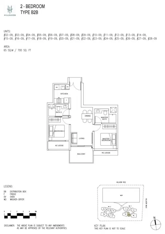 Floor plan for Hillhaven condo's 2-bedroom Type B2B unit, with labeled areas for bedrooms, living and dining space, kitchen, and a balcony.