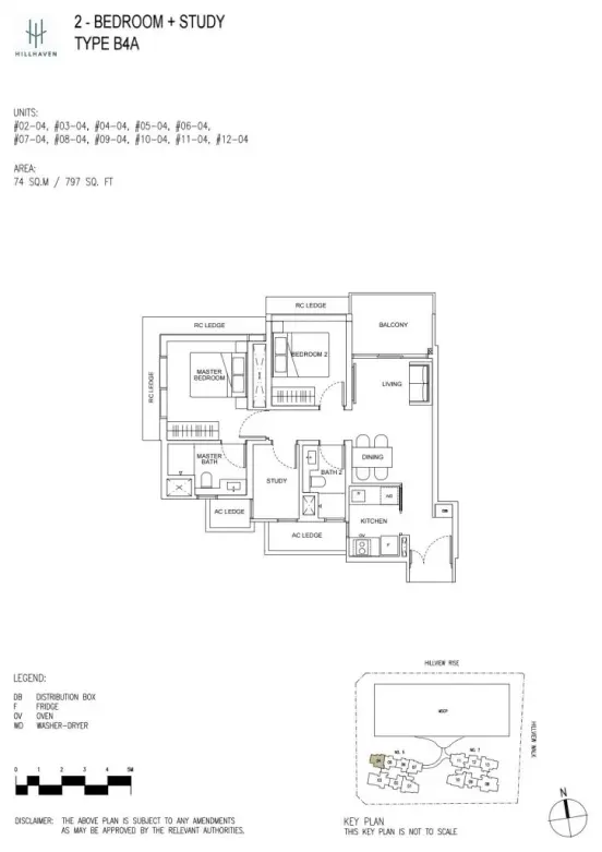 Floor plan for Hillhaven condo's 2-bedroom + Study Type B4A unit, including designated spaces for bedrooms, study, kitchen, living and dining areas, and balcony.