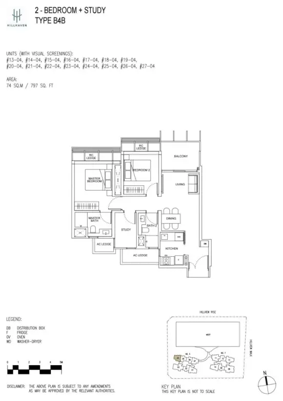 Floor plan of Hillhaven condo's 2-bedroom + Study Type B4B unit, detailing bedroom layouts, study room, kitchen, living area, and balcony.