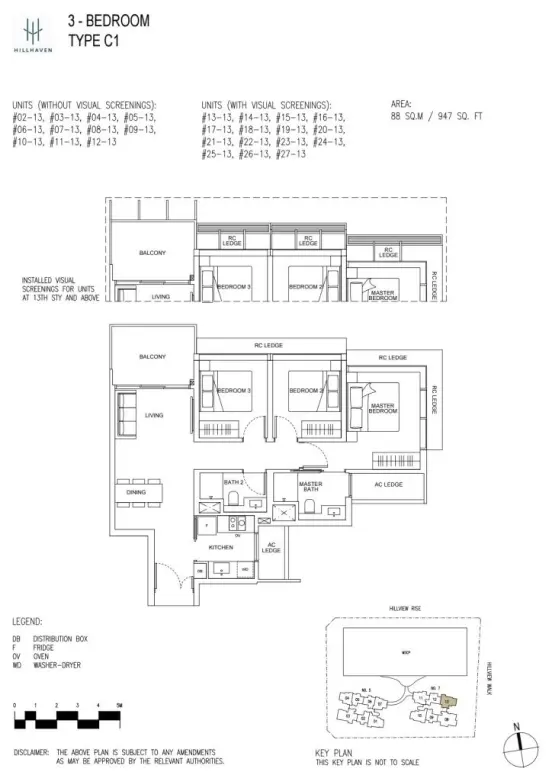 Floor plan of Hillhaven condo's 3-bedroom Type C1 unit, showing the arrangement of bedrooms, living room, dining area, kitchen, and balcony.