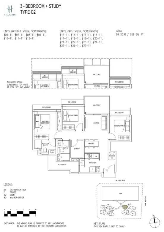 Hillhaven condo floor plan for 3-bedroom + Study Type C2 unit, featuring a layout with bedrooms, study room, living, dining, and balcony spaces.