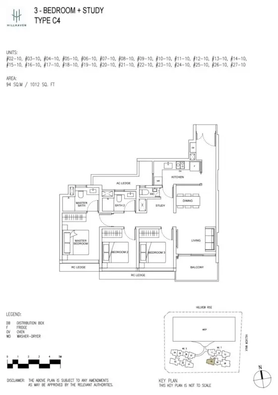 Detailed layout of Hillhaven condo's 3-bedroom + Study Type C4 unit, showcasing the arrangement of bedrooms, study, kitchen, living room, and balcony.