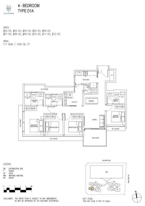 Floor plan of Hillhaven condo's 4-bedroom Type D1A unit, illustrating the layout of bedrooms, kitchen, living area, dining room, and balcony.