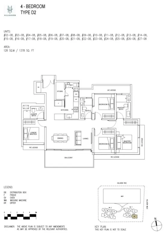 Architectural floor plan of Hillhaven condo's 4-bedroom Type D2 unit, detailing spacious bedrooms, a large living and dining area, kitchen, and balcony.