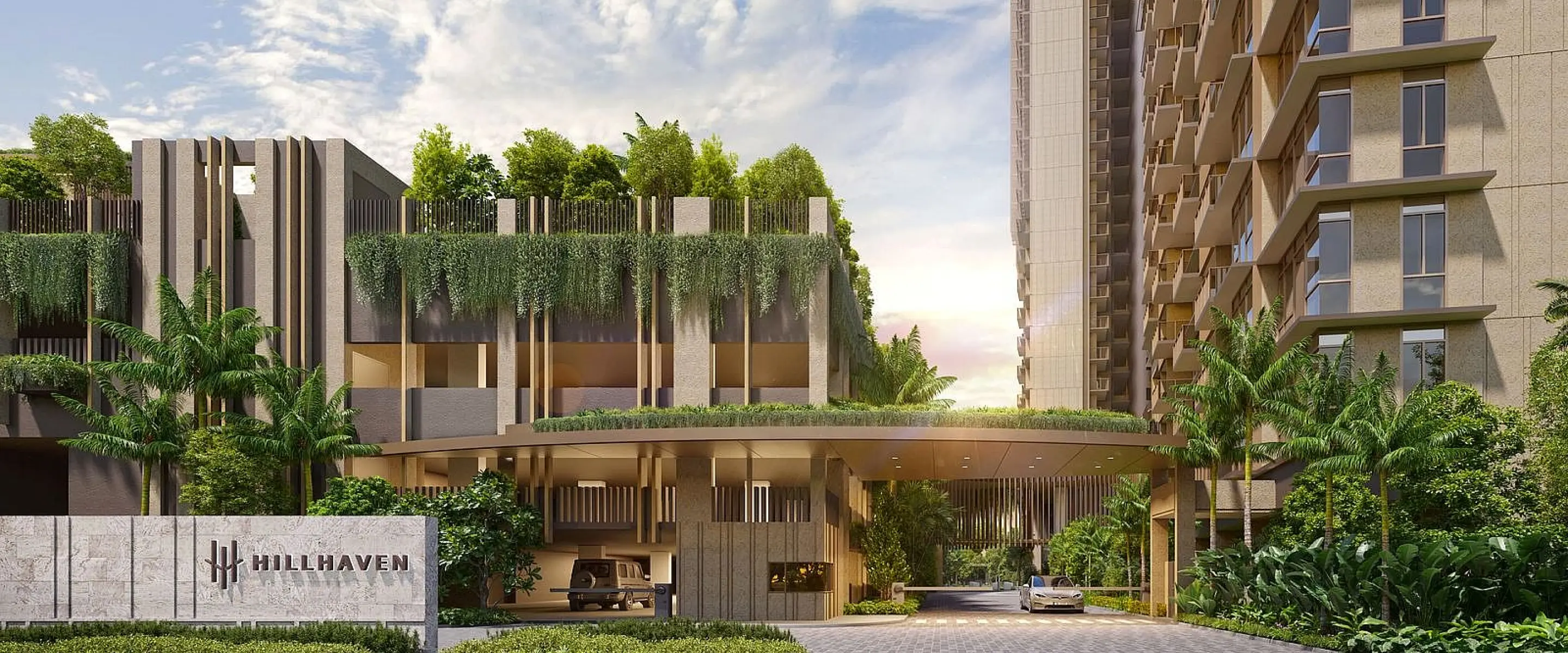 Hillhaven Entrance: The grand entrance to Hillhaven, with lush greenery and modern architecture, providing a welcoming gateway that balances luxury and nature for residents and guests.