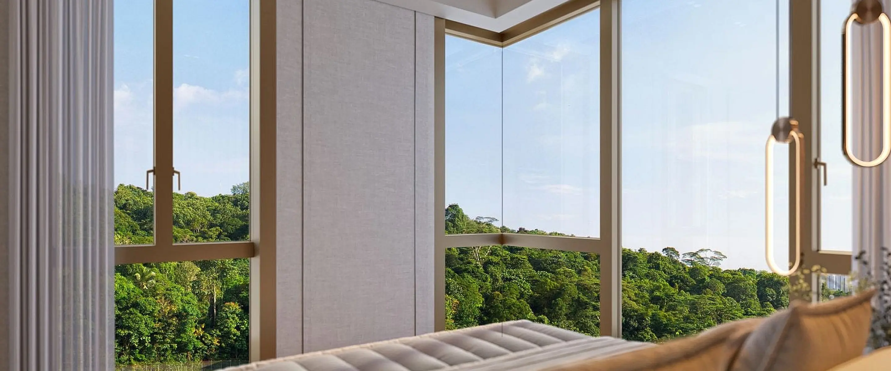 Bedroom with a scenic view - A bedroom with large windows that reveal a stunning view of a green forest landscape, creating a tranquil and relaxing ambiance.