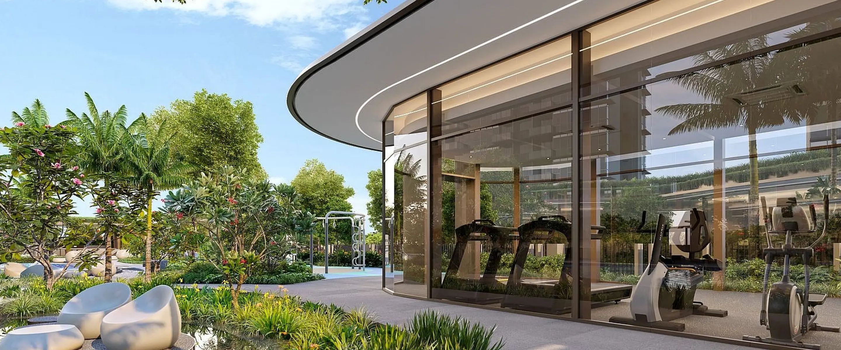 Modern Gym Interior: The interior of Hillhaven’s gym with high-end fitness equipment and floor-to-ceiling windows, providing a tranquil atmosphere that combines exercise with a serene garden view.