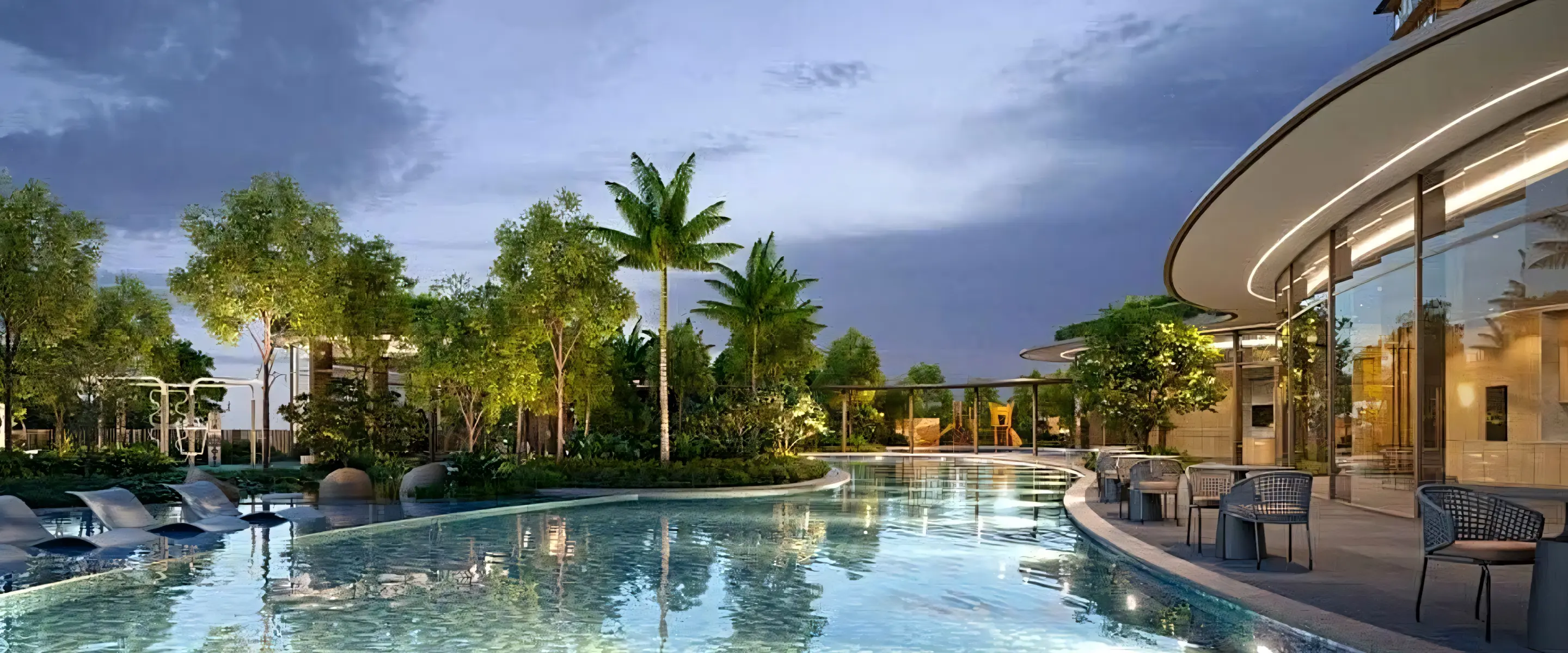 50m Lap Pool: A spacious 50-meter lap pool surrounded by lush landscaping, offering a tranquil setting for residents to enjoy swimming and water activities.