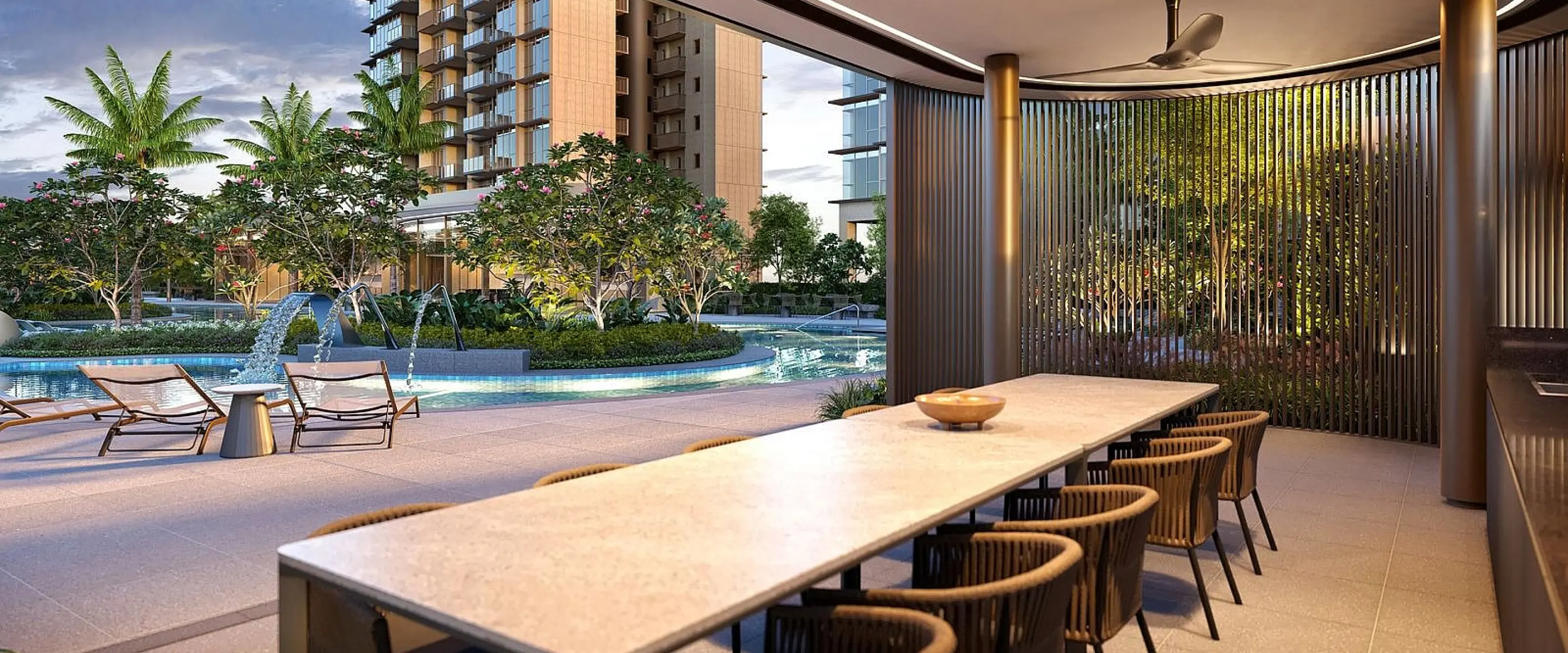 Resident Party Pavilion: A private pavilion with ample seating, set up for gatherings and parties, perfect for residents who enjoy hosting friends and family in a comfortable, upscale environment.