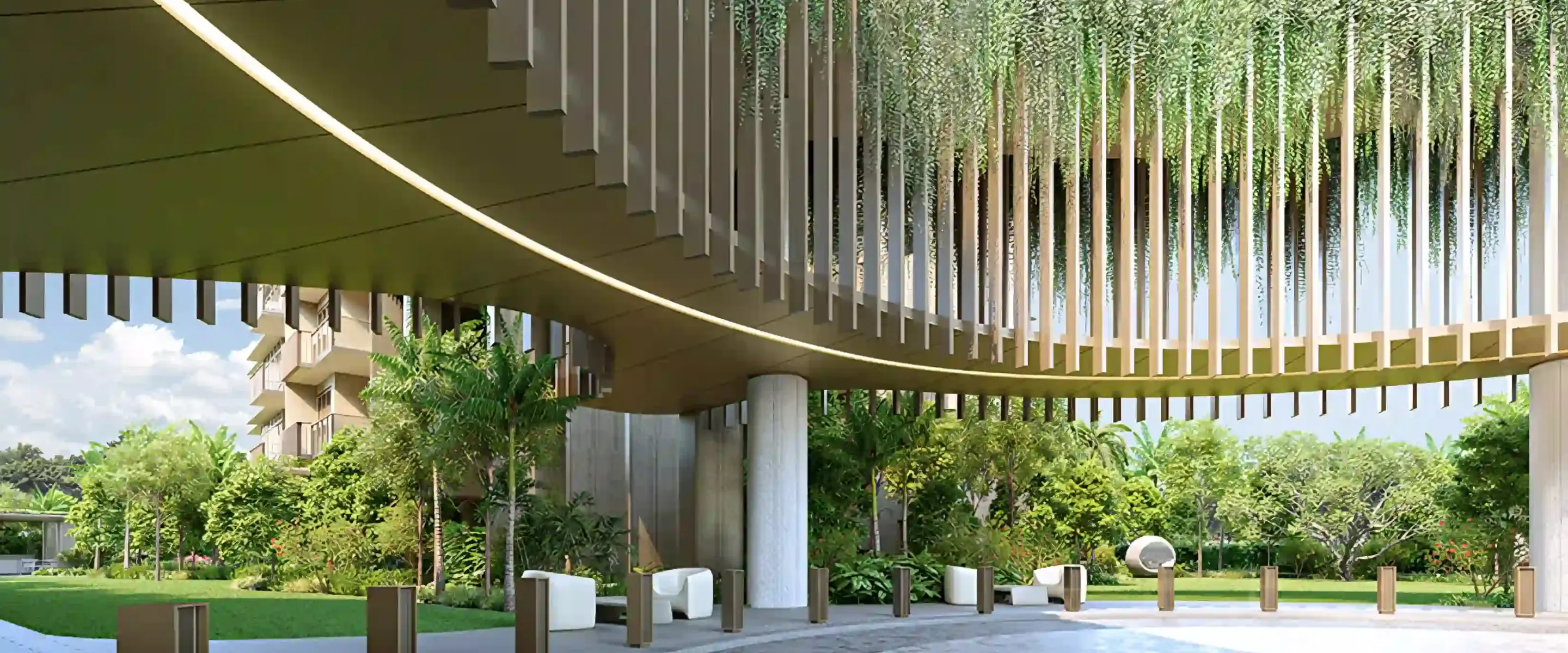 Hillhaven Entrance and Arrival Court: A welcoming view of Hillhaven’s main entrance, surrounded by tropical greenery and contemporary design. The entrance exemplifies luxury and elegance, with a secure and beautifully landscaped driveway leading into the residence. The green accents on the facade blend nature with modern architecture, creating a warm, inviting atmosphere.