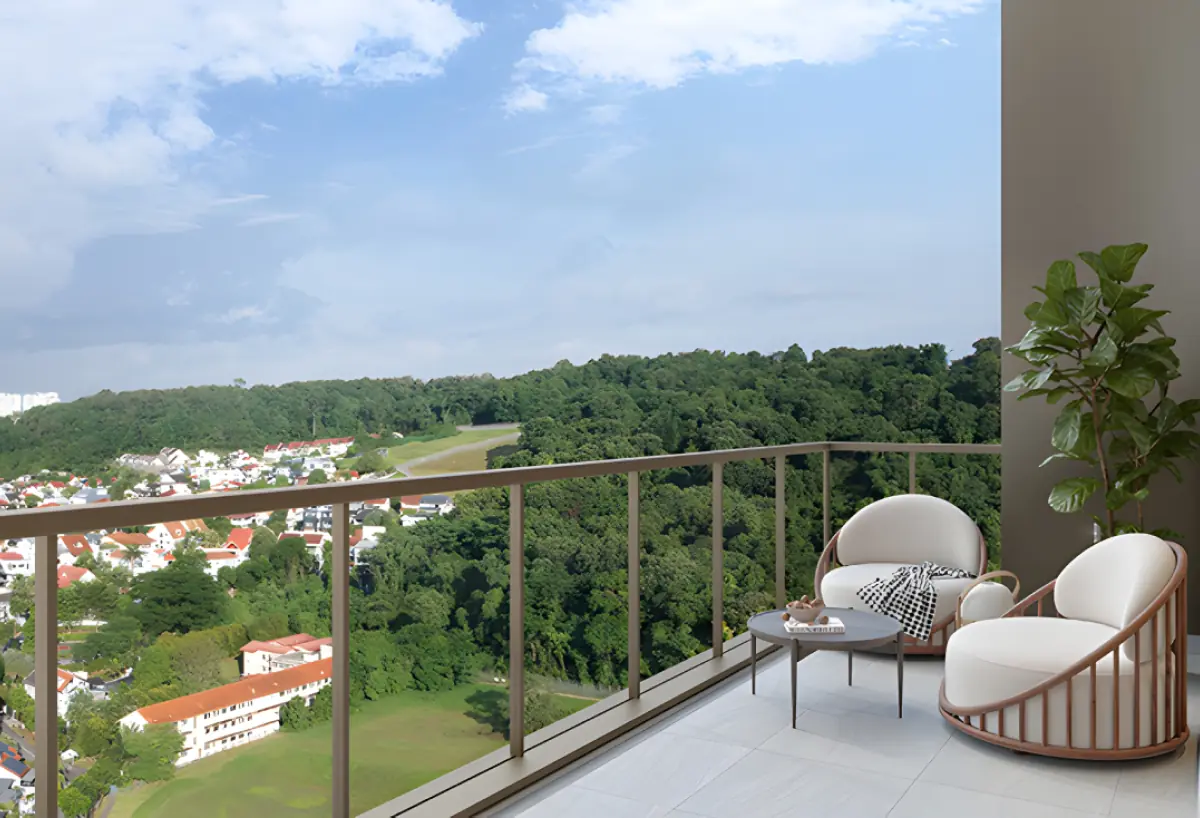 Balcony Facing Nature: A scenic balcony view overlooking a hillside with green forests and residential houses in the distance, featuring two comfortable chairs and a small table.