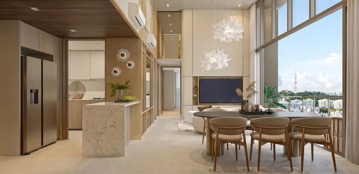 4 Bedroom Unit Interior: An elegant dining and living space with high ceilings, modern decor, and large windows with city views, designed with neutral colors and contemporary furniture.