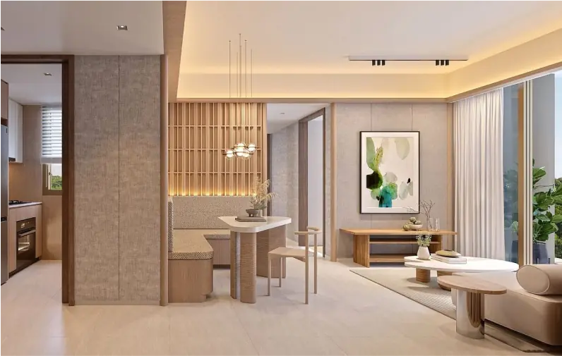 2 Bedroom Unit Interior: A cozy dining and living area with warm wooden accents, featuring a dining table, built-in seating, and soft lighting.