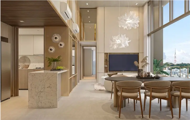 4 Bedroom Unit Interior: An elegant dining and living space with high ceilings, modern decor, and large windows with city views, designed with neutral colors and contemporary furniture.
