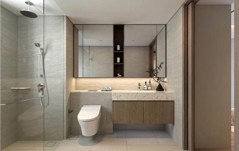 Bathroom Interior: A luxurious bathroom with floor-to-ceiling tiles, a spacious glass-enclosed shower, and a wide mirror above the vanity. The design feels spa-like, with warm lighting and ample storage space, perfect for relaxation and convenience.