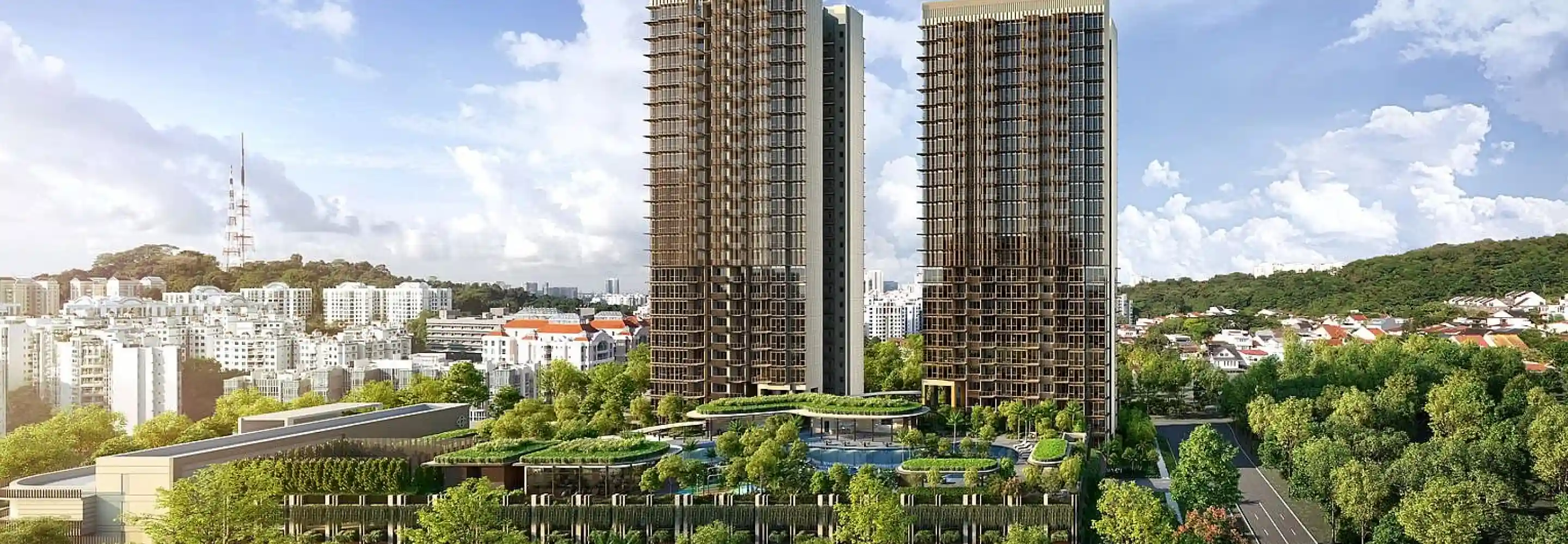 Panoramic View of Hillhaven Towers: A wide view of Hillhaven’s towers, set against a backdrop of greenery and nearby cityscapes, offering a sense of the building’s stature and beautiful location.