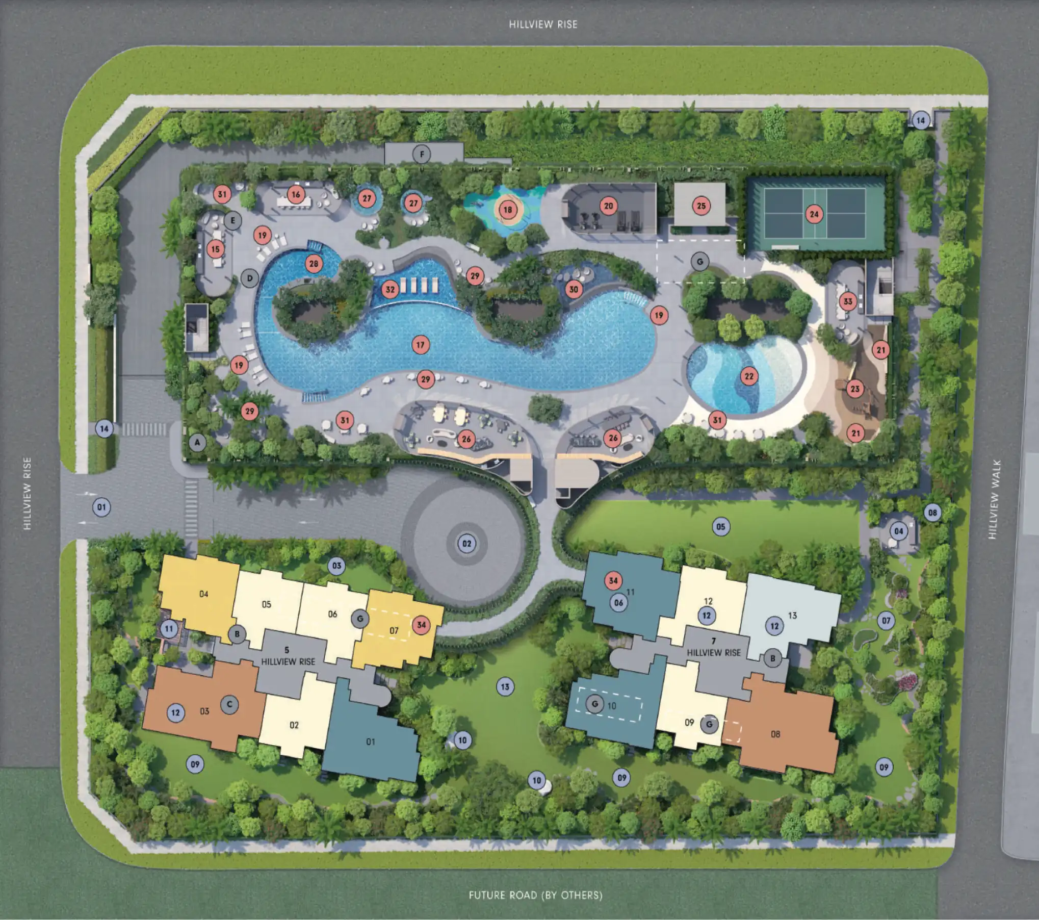 Hillhaven Site Map - A site map layout of Hillhaven, detailing various amenities like pools, gardens, and recreational areas within the development.
